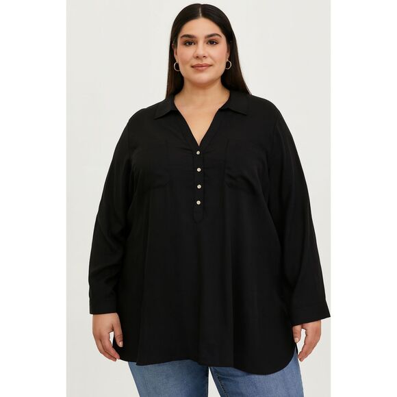 NWT Torrid Black Linen Henley Button Up Pocket Shirt Top   Women's Plus Size 6 - Picture 1 of 10